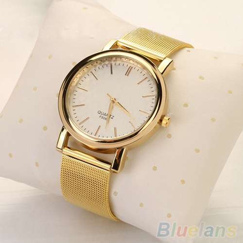 Luxury Women Golden Plated Metal Mesh Band Round Dial Quartz Analog Wrist Watch 2D8J