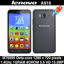 100% Original Lenovo A916 Mobile Phone 4G FDD LTE MTK6592 Android 4.4 smartphone Octa Core 1.4GHz 8GB ROM 13.0 MP 1280*720 5.5″