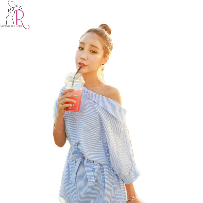 Image of Dress 2016 Women Clothes Half Sleeve Blue Stripes Off the Shoulder Loose Casual Tie Waist Button Side Mini Vestido One Size