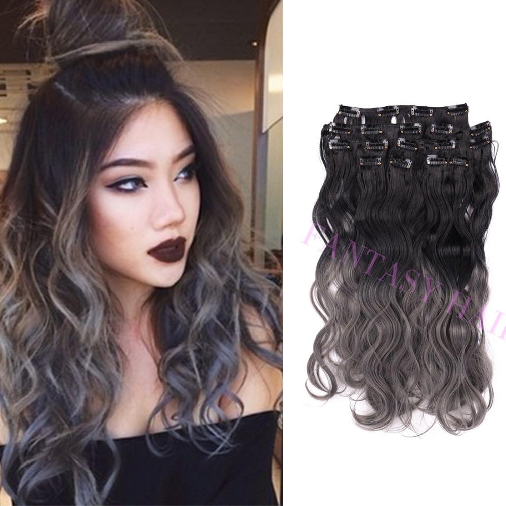 8pcs/lot 20inch black and grey ombre hair Brazilian synthetic body wave full head clip in hair exten