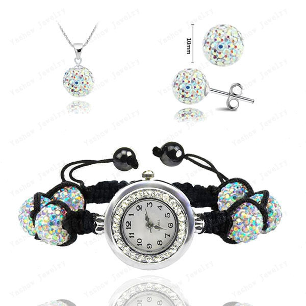 Image of Wholesale Fashion Watch Crystal Shamballa Set Crystal Pendant+Bracelet+Crystal Earring Jewelry Set 10MM Disco Ball Free Shipping