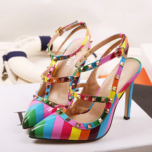 2105 Hot Fashion Women Shoes Pumps Spell Color Rainbow Pointed Toe High Heels Buckle Studded Stiletto Heel Sandals Plus Size 41