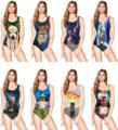 Sexy One piece swimsuit T D C N Black Cat Print Womens Disco Kitten Swimwear Triangular