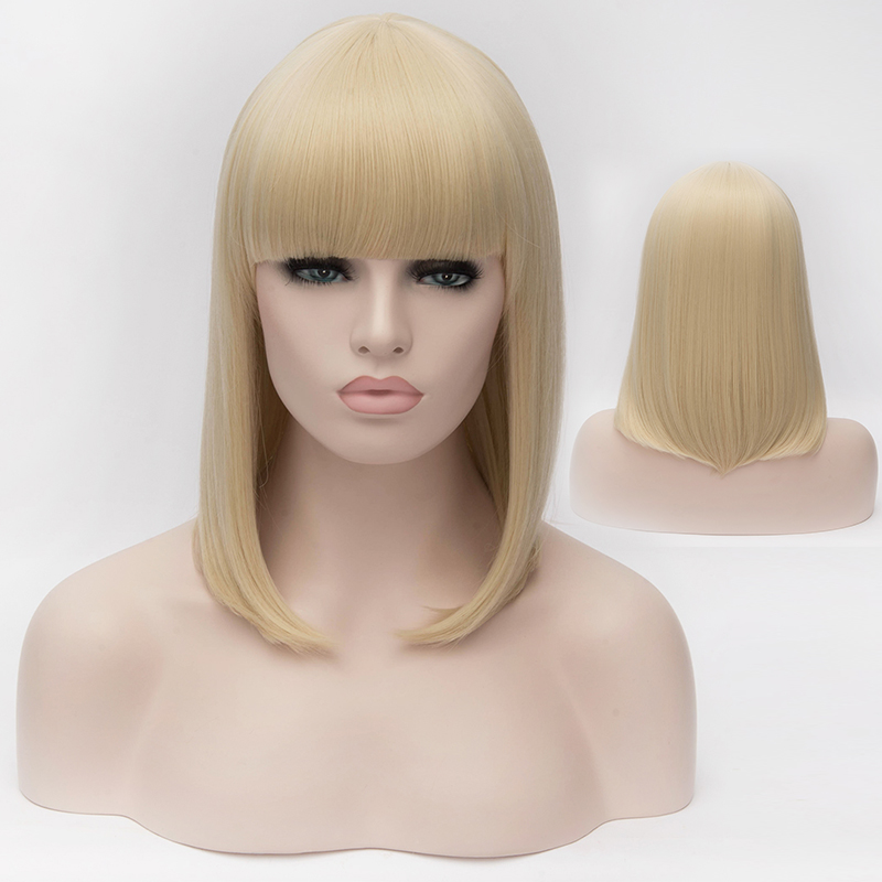 Image of Beautiful Women's Short Straight Hair Wig Natural Blonde Cosplay Wigs Neat Bangs Bob Wigs Free Shipping