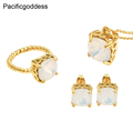 Pacificgoddess Fashion 18K Gold Plated Opal Zircon Stainless Steel Jewelry Set Charm Women Rings Earrings and