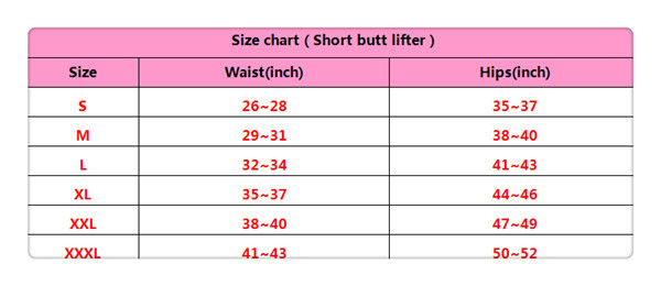 short butt lifter size chart