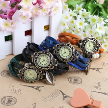 Alta calidad mujeres del cuero genuino Vintage relojes de pulsera brazalete hoja del colgante antiguo de vestir envío gratis del reloj