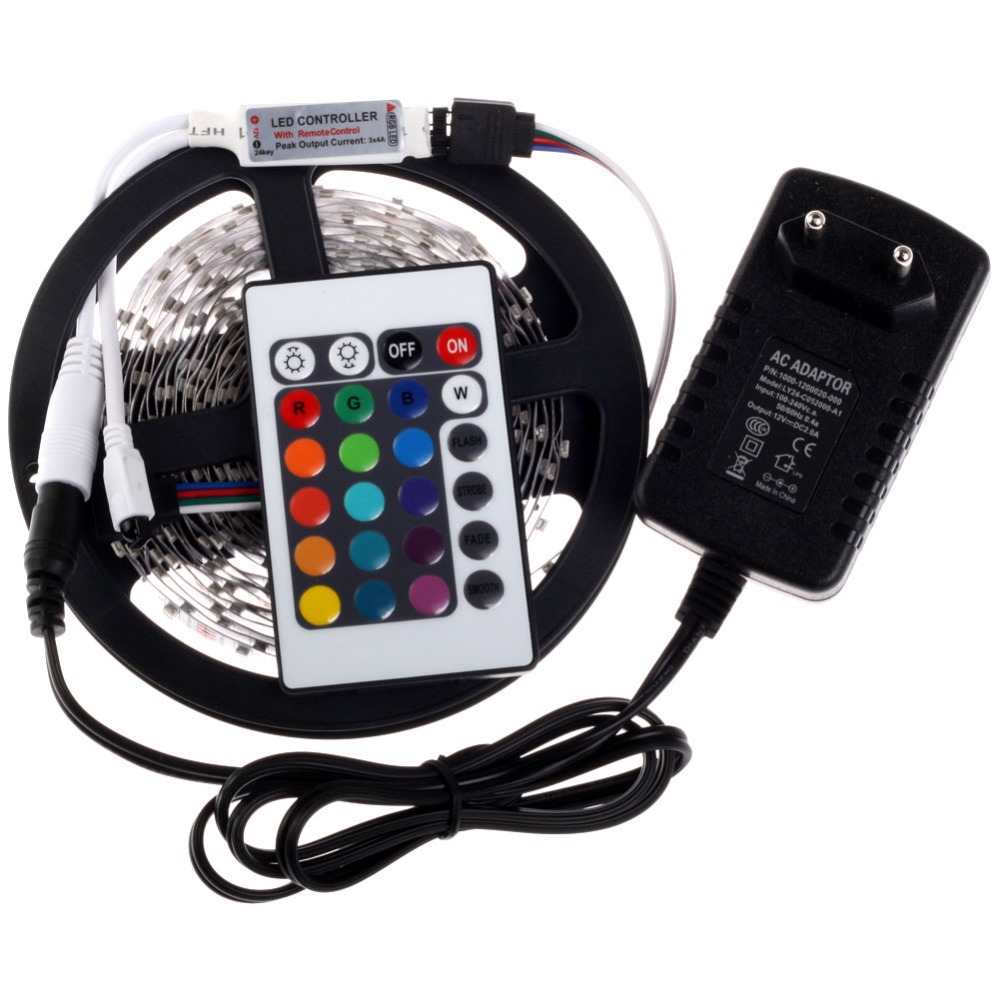 3528 RGB LED Strip 300Leds 5M SMD 24Key IR Remote Controller 12V 2A Power Adapter Flexible