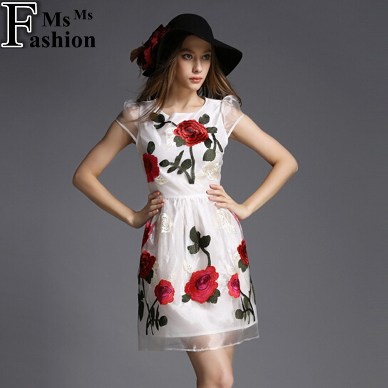 Europe 2015 Summer Style Women's Embroidery Peony Flower Organza Dresses Casual Print Eugen Yarn Clothing Women Sexy Party Dress