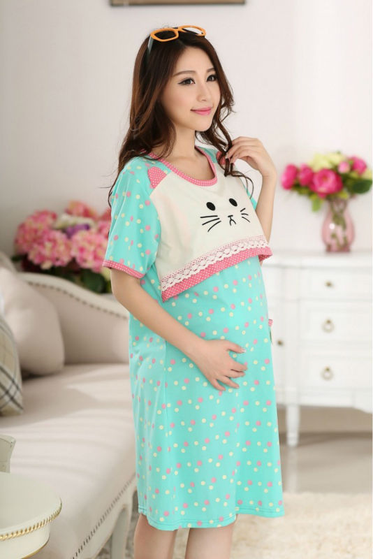 Plus size Kawaii Kitty Pink dots loose pregnant women maternity clothing for breast feeding homecoming dress lactating gowns 3