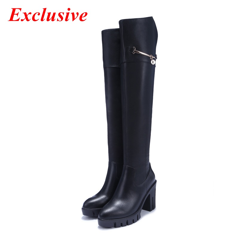 Woman Thick With Knee Boots 2015 Pointed Toe Long Boots Full Grain Leather Shoe Winter Short Plush Fashion Thick With Knee Boots
