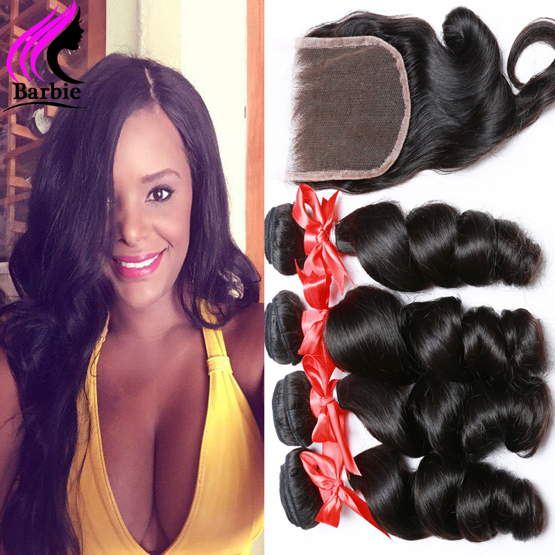 Brazilian Virgin Hair Loose Wave 4 Bundles With Closure Barbie Hair Brazilian Loose Wave With Lace Closure Human Hair Free Part