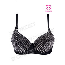 Womens Sexy Rock Punk Gothic Party Stage Club Wearing All-over Grey Spike Stud Rivet Club Push Up Underwire Bra Top Sexy Bralet