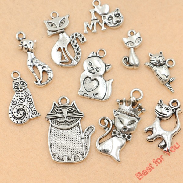 Image of 10pcs Mixed Tibetan Silver Plated Animals I Love My Cat Charms Pendants Jewelry Making Diy Charm Handmade Crafts m025