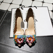Appliques Floral Polka Dot Pointed Toe Spring Autumn Prom Wedding Shoes Woman High Cuban Heel Genuine Leather Kitten Heels
