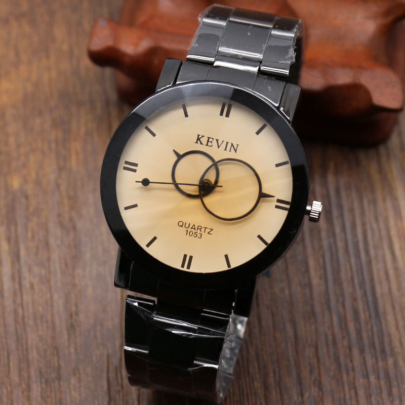 2015 Fashion Brown Black Two Circles Stainless Steel Kevin Quartz Wrist Watch Men Gift orologio da