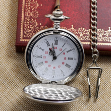 Men’s Silver Smooth Stainless Steel Case White Arabic Roman Numerals Fashion Shinning Case   Modern Long Chain Pocket Watch P302