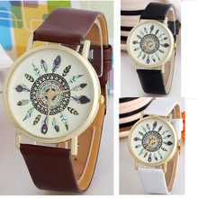 2015 Super Hot! High Quality Women Vintage Watch Feather Dial Leather Band Clocks Unique Gifts Just for Your Gifls Wristwatch