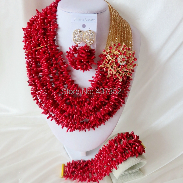 Handmade Nigerian African Wedding Beads Jewelry Set , Champagne Gold Crystal Coral Beads Necklace Bracelet Earrings Set CWS-439