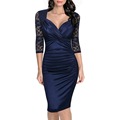 Vestidos 2016 New Sexy V Neck 3 4 Sleeve Lace Patchwork Bodycon Dress Women Autumn Black