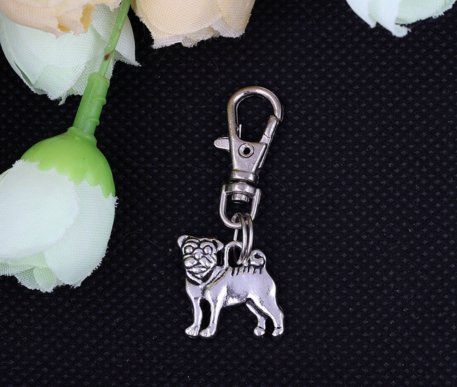 Pug Dog Charms Keychain Vintage Silver Key Chain Ring For Gift Car Bag Key Ring Handbags Accessories DIY Jewelry 40PCS S219