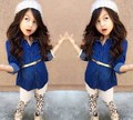 2016 Spring new children s clothing Set Girls long sleeved denim shirt leopard pants 2pcs suit