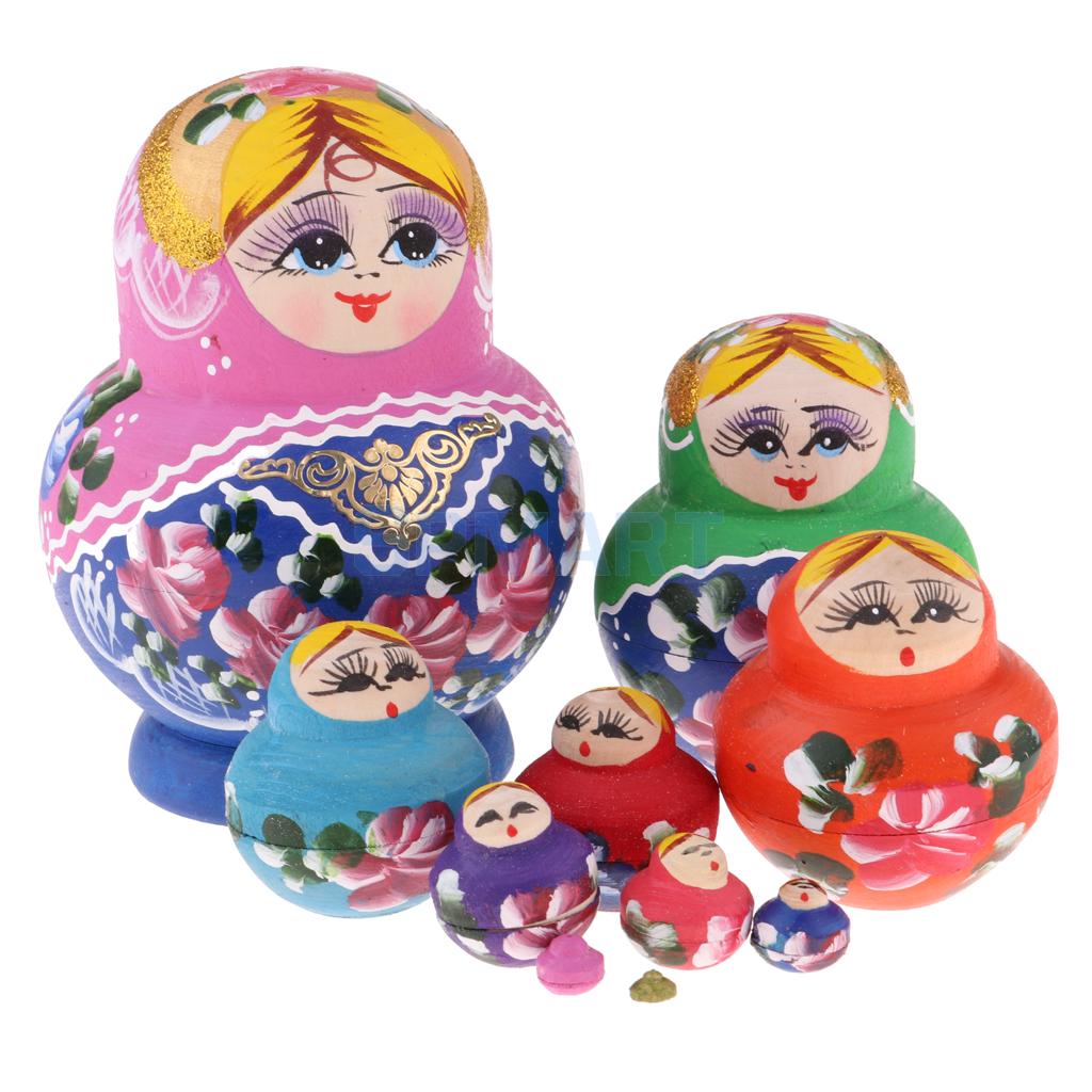 10pcs Kit Blue Girls Russian Nesting Doll Babushka Matryoshka Stacking Dolls