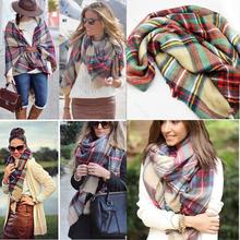 Women Girl Blanket Oversized Tartan Scarf Wrap Shawl Plaid Cozy Checked Beige