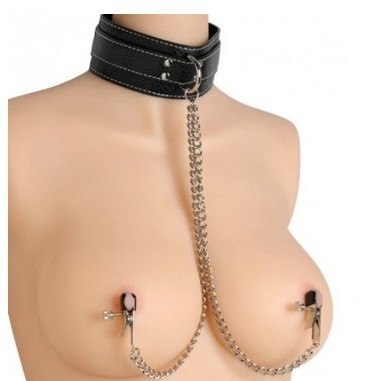 Women Pu Leanter&metal Collar& Necklace Nipple Clamps Bondage Use Fetish Role Play Erotic Toys