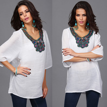 2016 European and American Fashion Beaded Embroidery Cotton Large Size Women In Long T-shirt Blouse with Pregnant Women