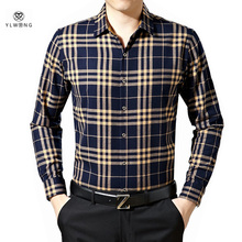 YLWONG Camisa Masculina Mens Brand Clothing Plaid Cotton Shirt Men Full Sleeve High Quality Tartan Gold