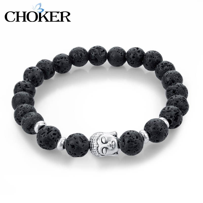 Image of Natural Stone Bead Buddha Bracelets for Women Men Silver Turquoise Black Lava Love Jewelry With Stones 2016 Femme Pulseras Mujer