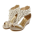 New Arrival Spring Summer Shoes Rhinestone Zipper Pearl Beaded High Heels Women Shoes Gold Black Flip