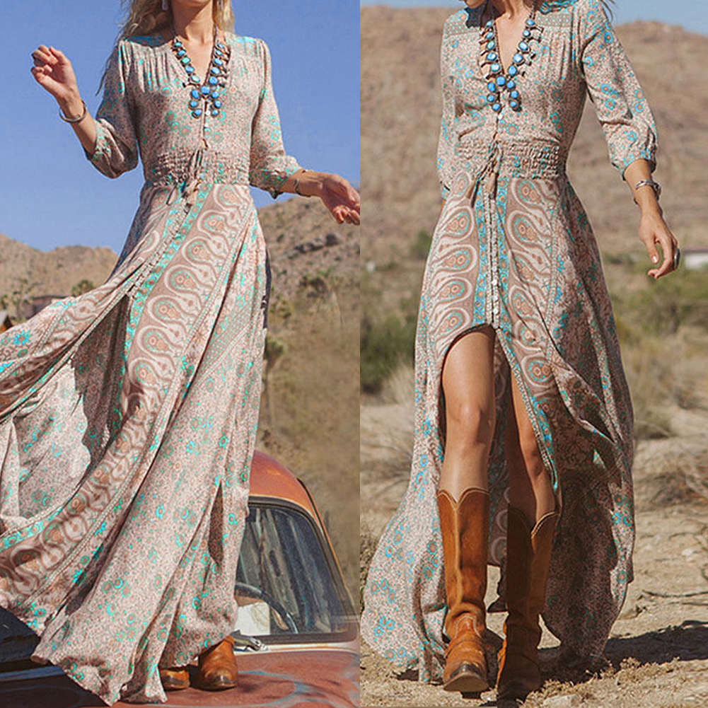 2016 New Fashion Women Bohemian Vintage Floral Print 3/4 Sleeve High Slit V-neck Maxi Beach Long Dre