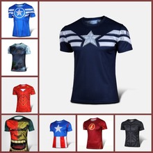 NEW 2015 Marvel Captain America 2 Super Hero lycra compression tights sport T shirt Men fitness clothing short sleeves S-XXXXL
