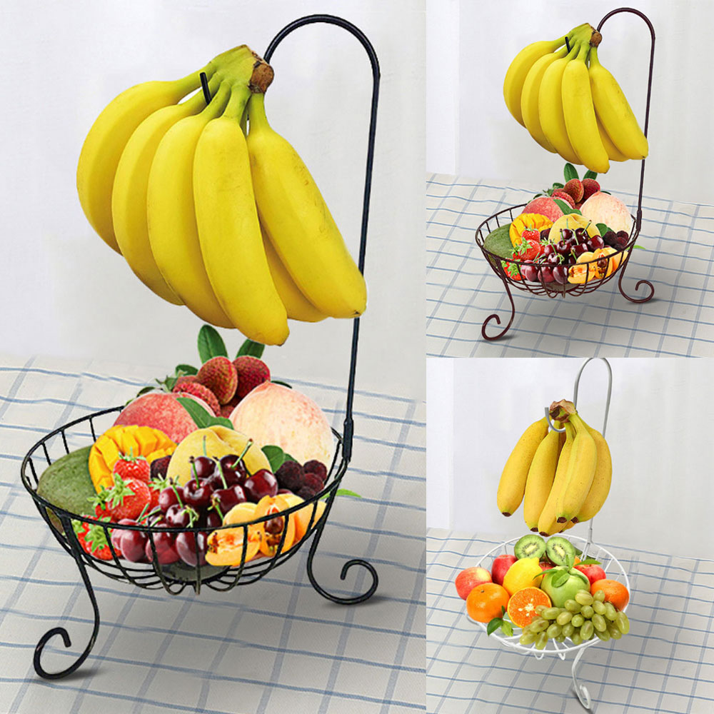 Black Countertop Fruit Basket Stand with Banana Hook,Elegant and Decorative Modern Fruit Bowl with Banana Holder for The Kitchen Counter for Fruits and Vegetables 