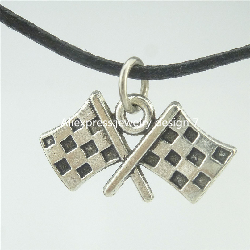 Free shipping 17073 Silver Flag Banner font b Chequered b font Flag Pendant 17 Choker Collar