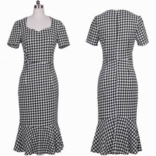 Women Formal Work Party Square Neck Cap Sleeve Mermaid Tartan Dress