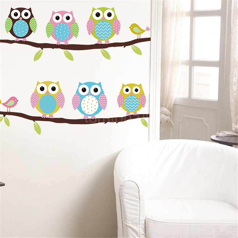 Image of New Cute DIY Removable Colorful Six Owls Bird Branch Vinyl Decal Wall Mural Sticker Poster Vinilos Paredes Home Decor