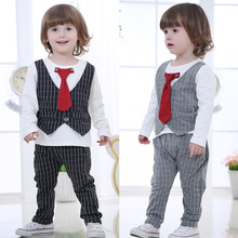 Super deals Spring baby boys suits gentleman set neckties tops vest plaid tartan pants comfortable elegant kids clothes FC022