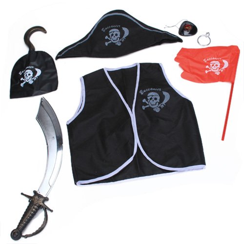 SCYL 7 Pcs Children Kid Classic Pirate Costume Halloween cosplay costumes skull eye vest hat blinder