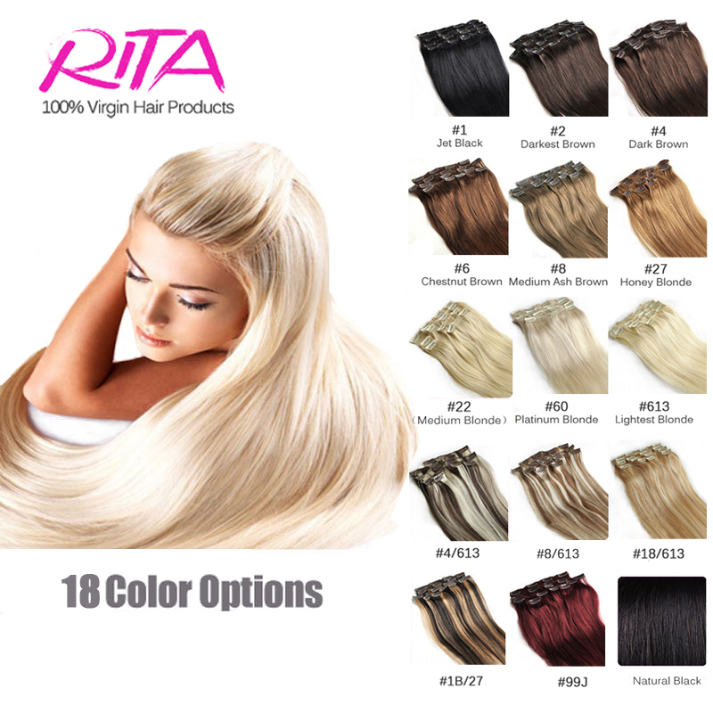 Image of 16 Color Available Brazilian Hair Clip In Human Hair Extensions 7pcs Full Head Set Rita Hair Clips Aplique Tic Tac Cabelo Humano