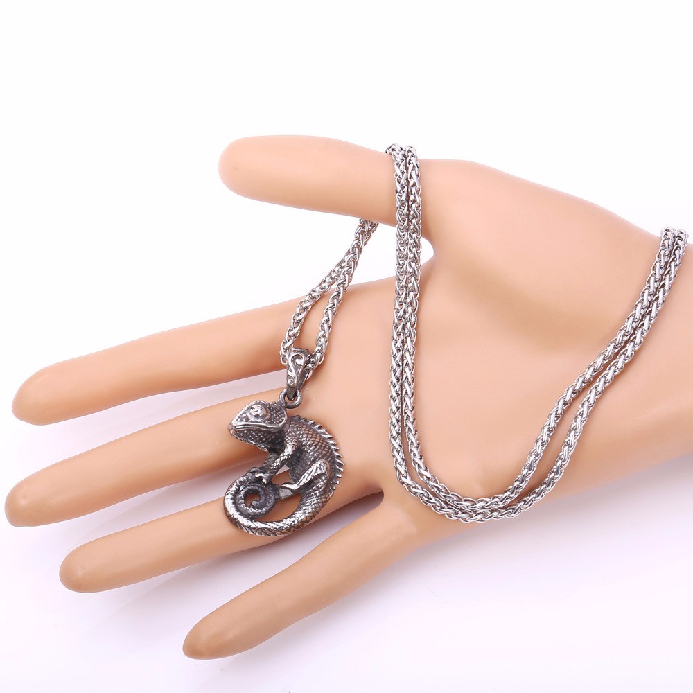U7 Lizard Chameleon Animal Pendant Necklace Stainless Steel Cool Biker Jewelry