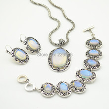 S1227-3 Necklace Earring Bracelet Jewelry Set 1 Set Opal Transparent Turquoise Stone Vintage Look Tibet Antique Silver Plated