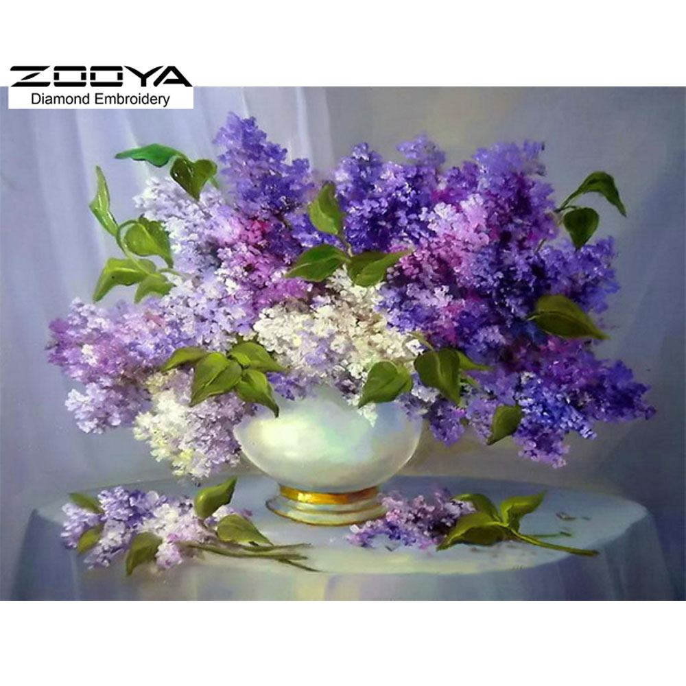 Image of DIY Diamond Painting Needlework Square Full Diamond Embroidery Purple Lilac Flower Vase Painting Pattern Home Decoration BJ121