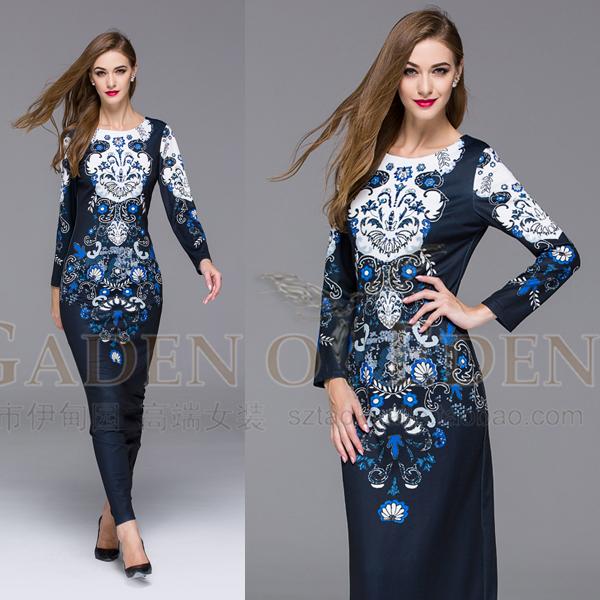 luxury 2015 autumn fashion elegant women's long sleeve one piece dress plus size maxi long dresses brand designer dress XXL