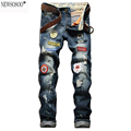 Newsosoo brand America badge holes ripped jeans for men fashion slim fit straight distressed jeans masculino