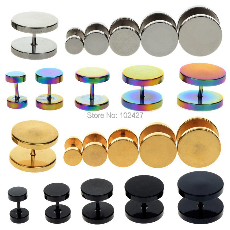 Image of 2Pcs Black Sliver Gold Stainless Steel Fake Cheater Ear Plugs Gauge Body Jewelry Pierceing 6-14mm