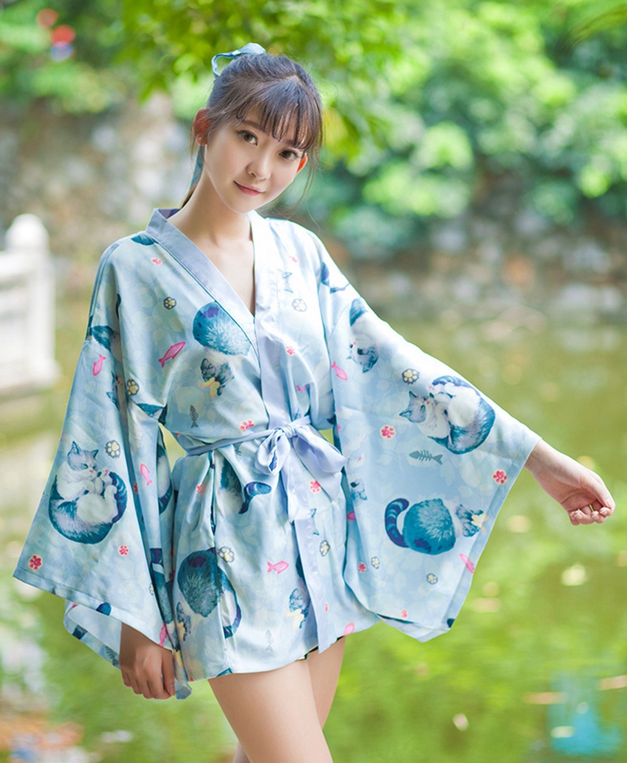 HOT Japan Women Cute Cat Printed Haori Kimono Yukata Coat Loose Outwear Top...