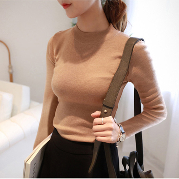New Fashion Women elegant long sleeve knitwear Casual Slim Tops High-necked long-sleeved wool sweater in solid color shirt